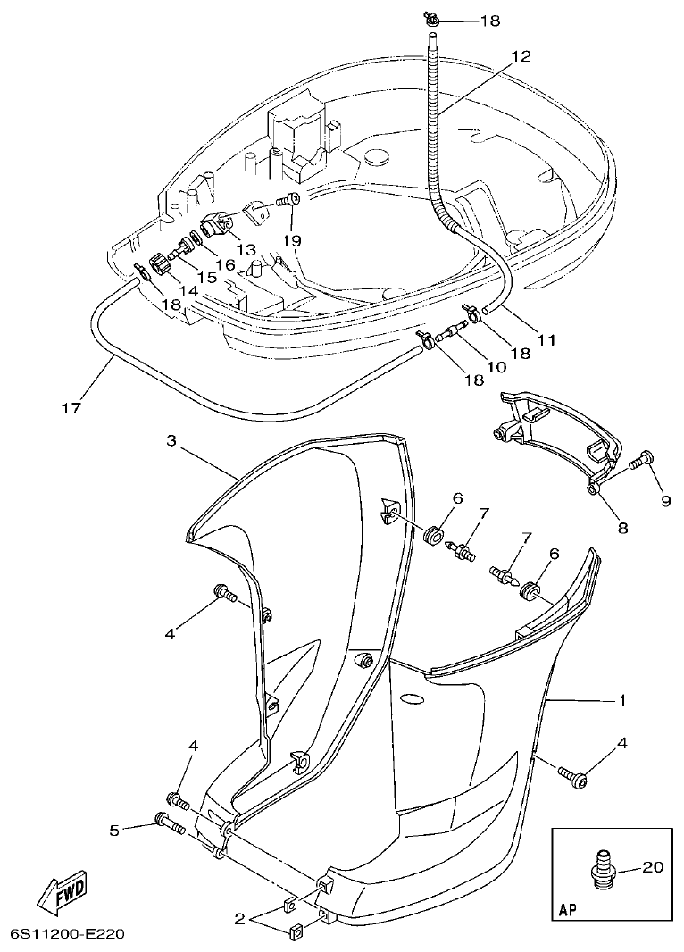 Yamaha F200BET, FL200BET BOTTOM COWLING 2 parts diagram